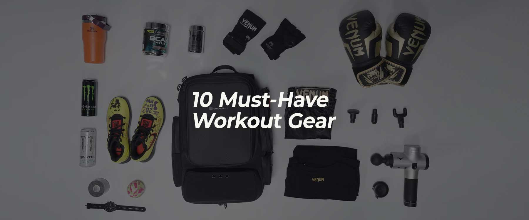 Flat lay of Cinomadist gym backpack and 10 must-have workout gear essentials.