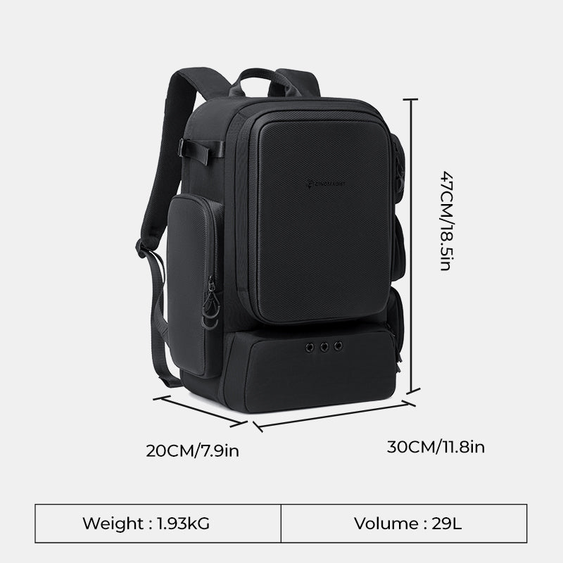 Black backpack with multiple compartments on a light gray background#color_black
