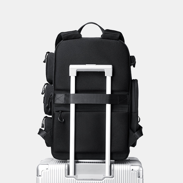 Black backpack with wheels on a white background