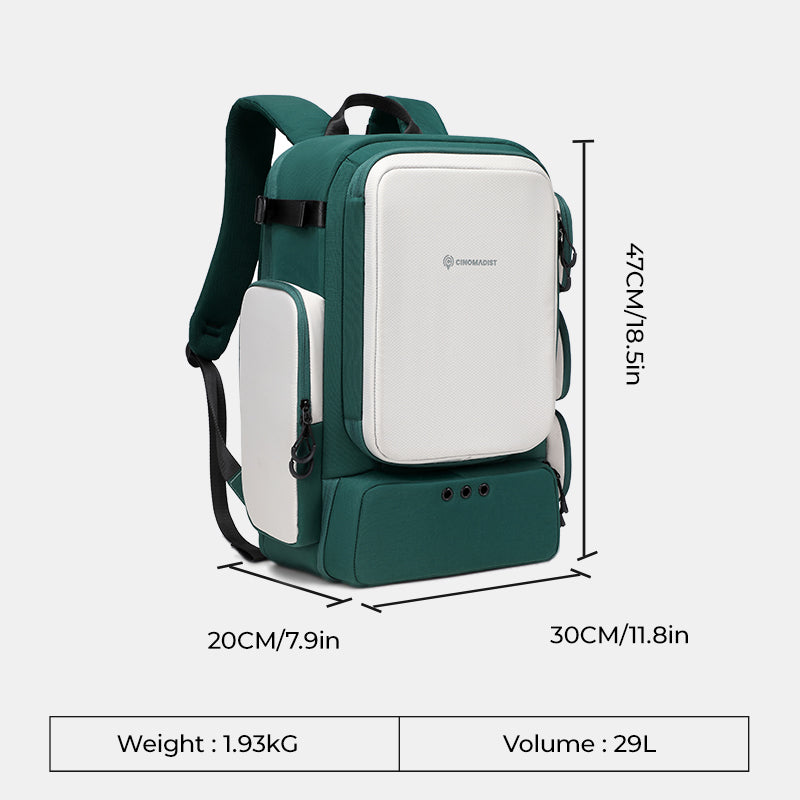 Green and white backpack with a visible brand logo on a light gray background