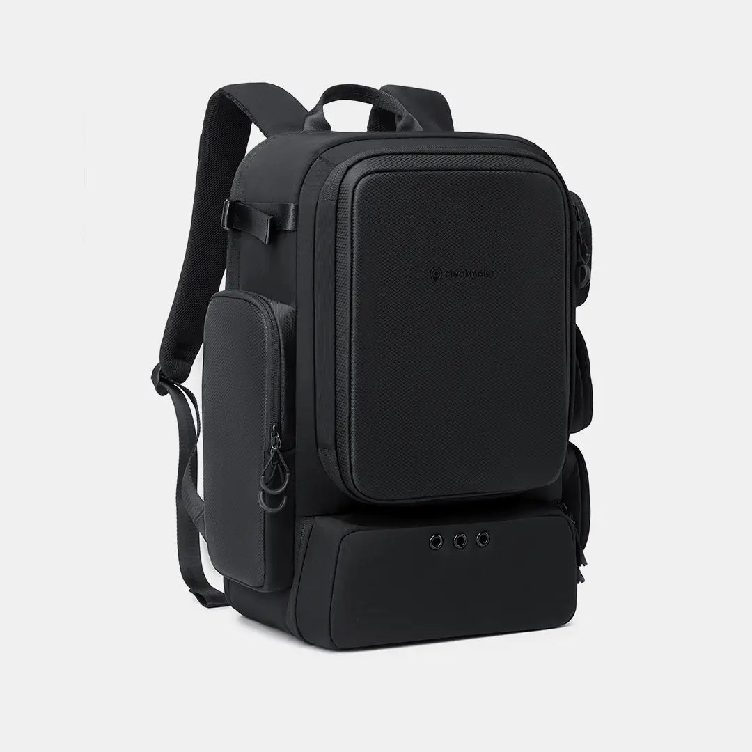 Black Cinomadist gym backpack 29L front three-quarter view with structured panel and side pocket#color_black