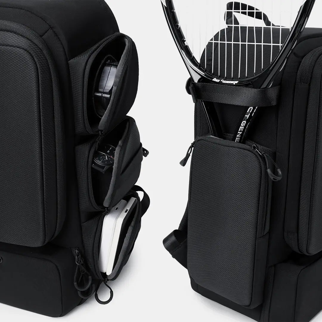 Gym backpack side pockets holding earbuds, watch and power bank with external racket holder#color_black