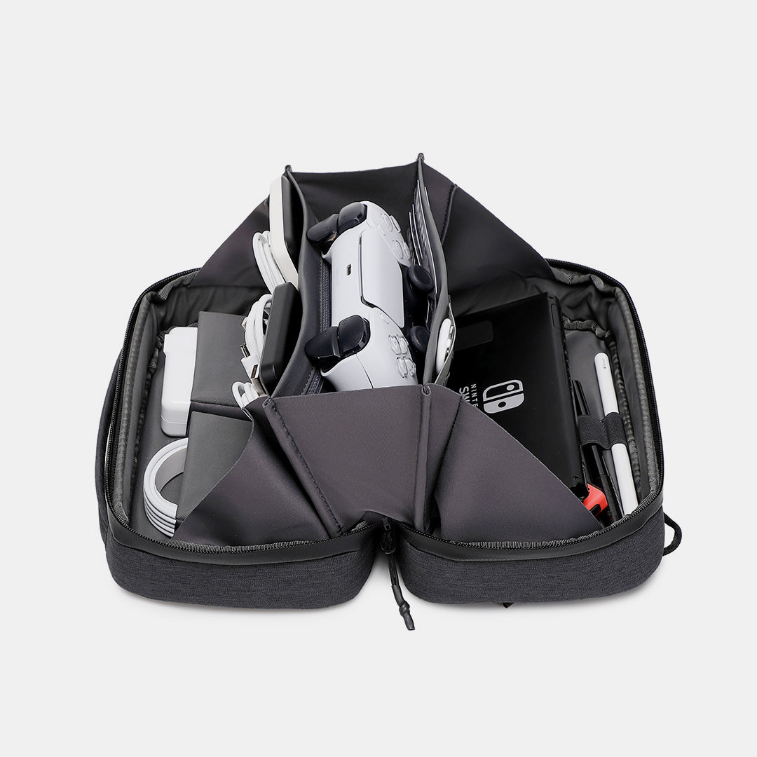 Interior of Cinomadist tech pouch fully packed with tech accessories