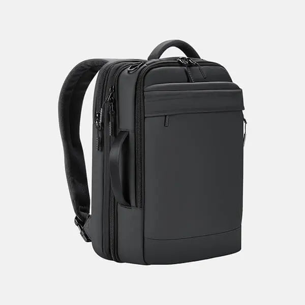 A sleek front view of the Cinomadist expandable backpack showcasing minimalist design and durable materials.