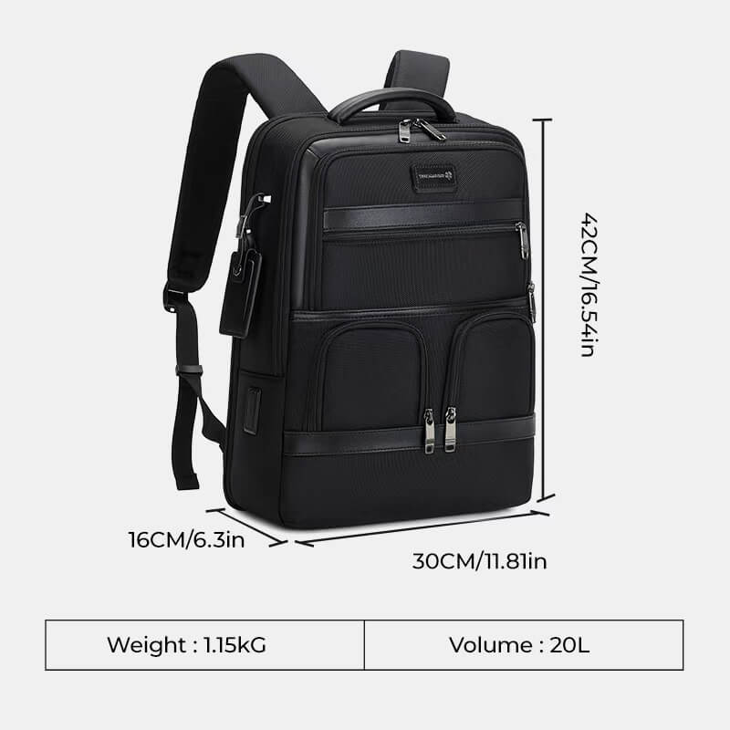 Black backpack with measurements and specifications on a white background