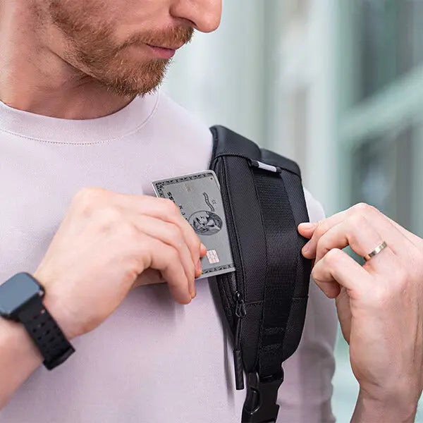 Close-up of Cinomadist tech pouch with RFID-protected quick-access card slot