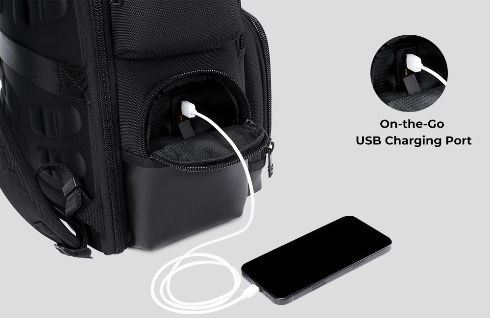 Cinomadist Travel Backpack Pro 39L with USB charging port for convenient on-the-go mobile device charging.
