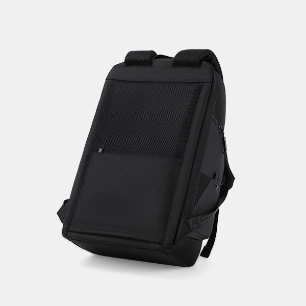 Black backpack on a light gray background