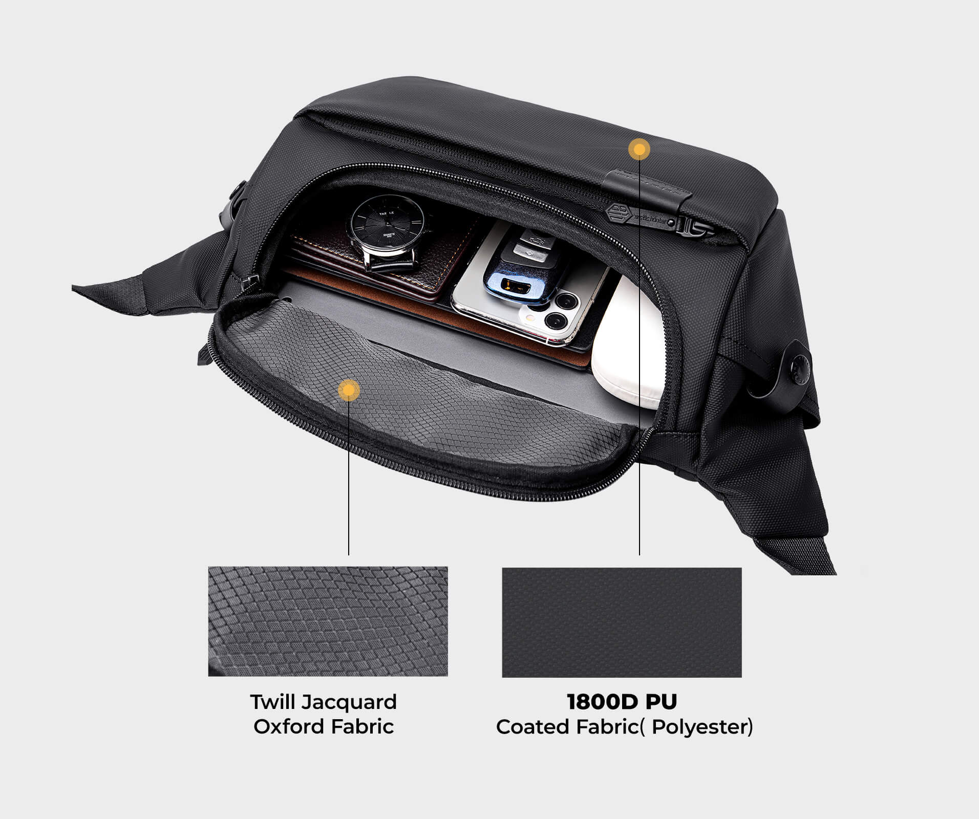 Close-up of a sling bag's interior, showing organized compartments and high-quality fabric lining.