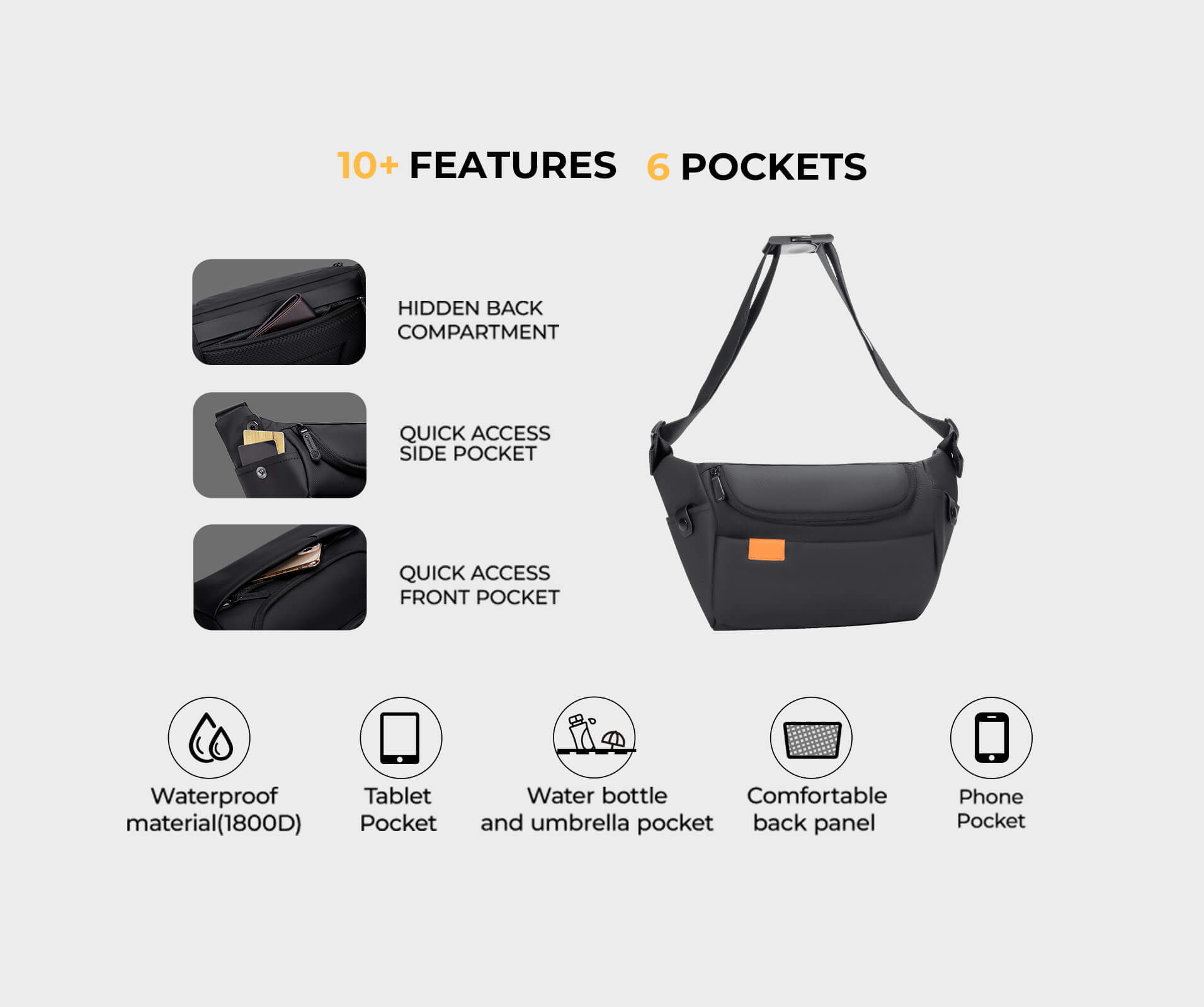 A sling bag with multiple functional pockets, showing organized storage for essentials like phone, wallet, keys, and tech accessories.
