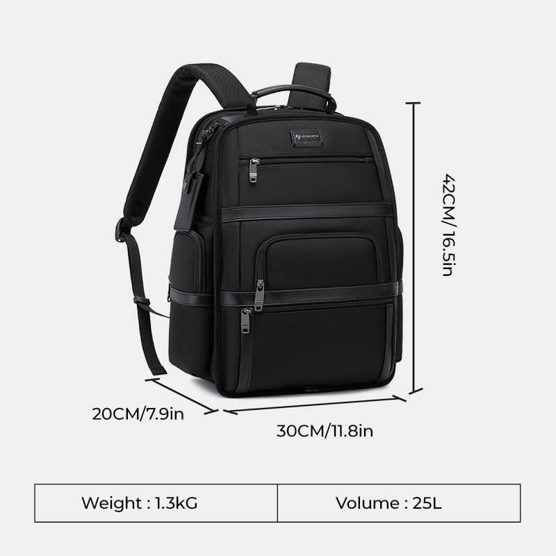 Black backpack with measurements and weight details on a white background
