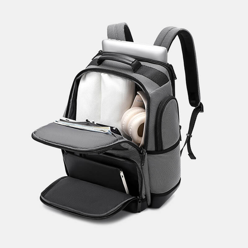 Gray backpack with open front compartment on a white background