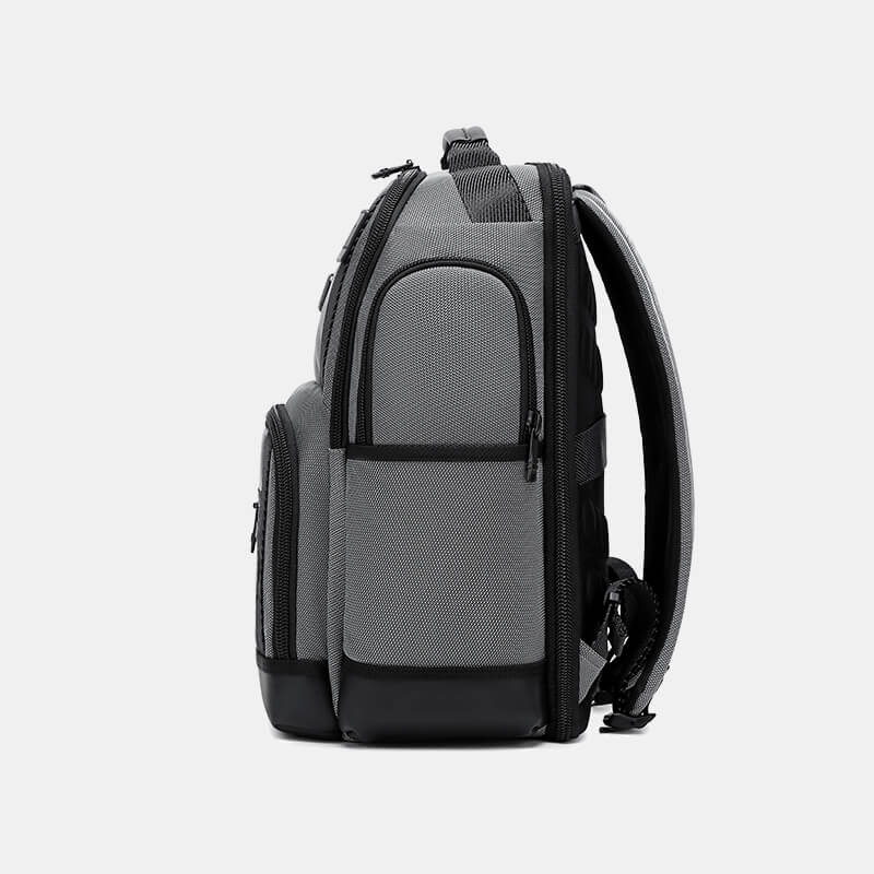 Gray and black backpack on a light gray background