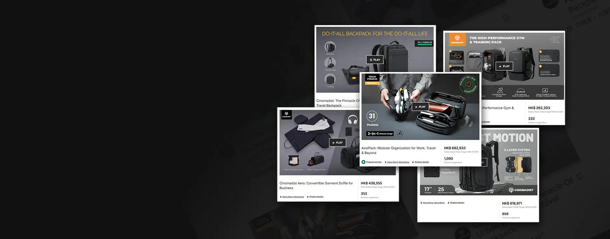 Collage of Cinomadist crowdfunding campaigns for backpacks, travel bags, and carry gear