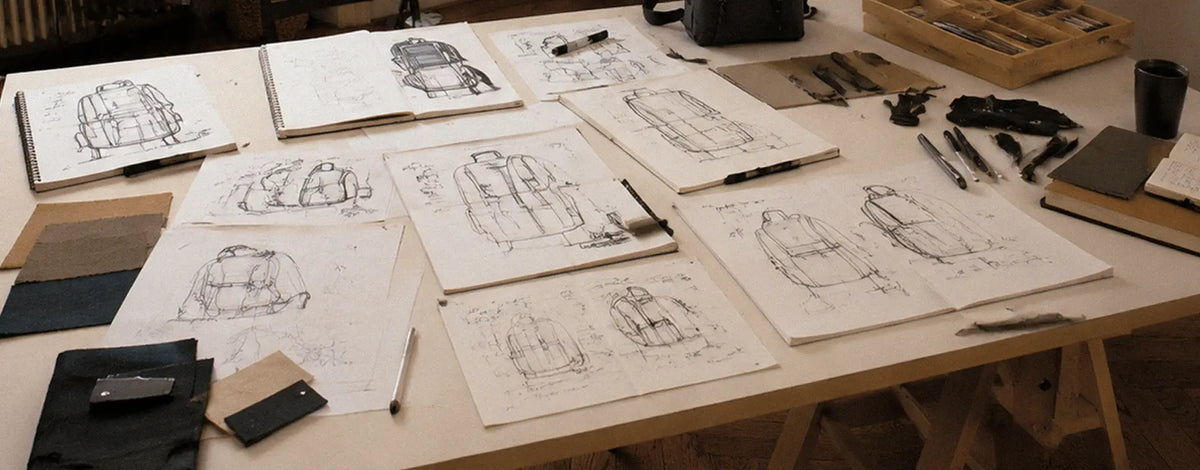 Cinomadist Swift backpack design sketches and material samples spread across a studio worktable