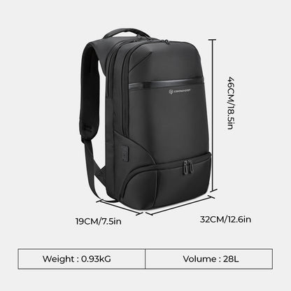 Black backpack with dimensions and weight information on a white background