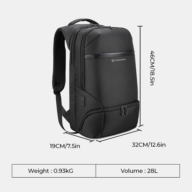 Black backpack with dimensions and weight information on a white background
