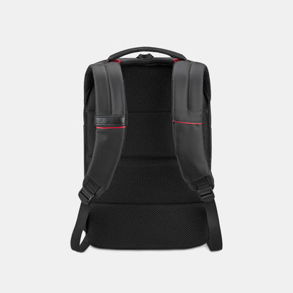 Black backpack with red accents on a light gray background