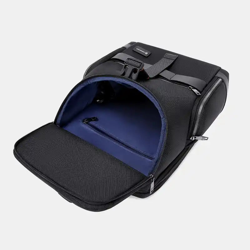 Black pet carrier with open front compartment on a light gray background