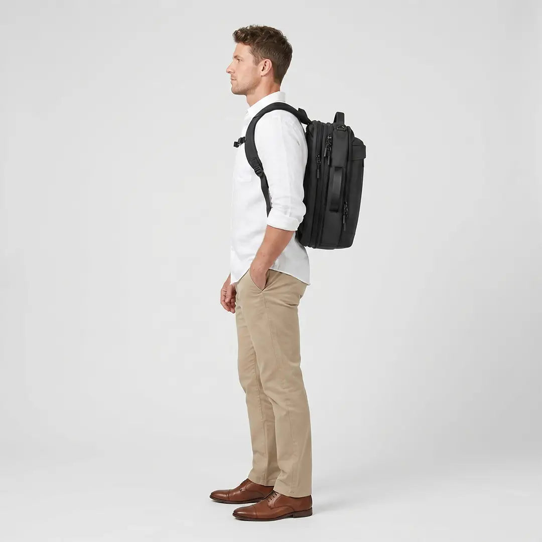 Side profile of a commuter carrying the sleek, high-denier technical synthetic expandable travel backpack.