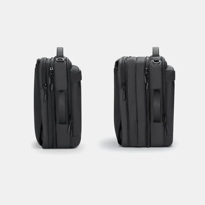 Side profile displaying the expandable capacity of the versatile travel gear backpack.