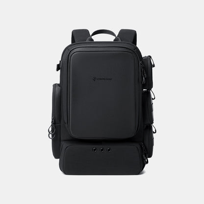 Black backpack with multiple compartments on a white background#color_black