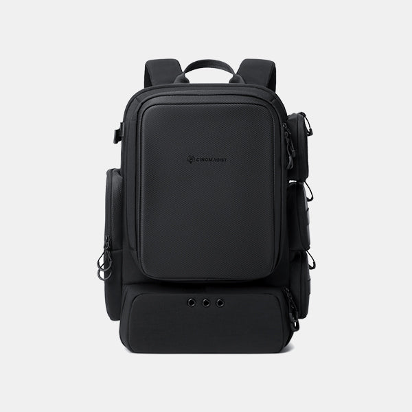 Black backpack with multiple compartments on a white background#color_black