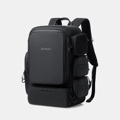 Black backpack with multiple compartments on a light gray background#color_black