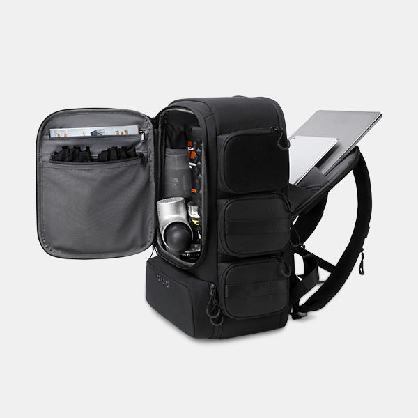 Black backpack with open compartments on a light gray background#color_black