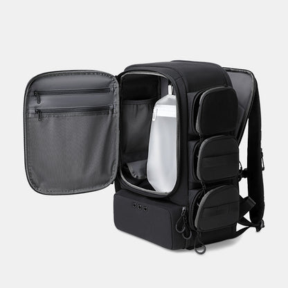 Black backpack with open front compartment showing a water bottle on a light gray background#color_black