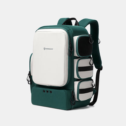Green and white backpack with visible brand logo on a light gray background#color_dark-teal