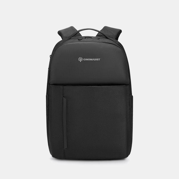 Black backpack with Cinomadist logo on a light gray background