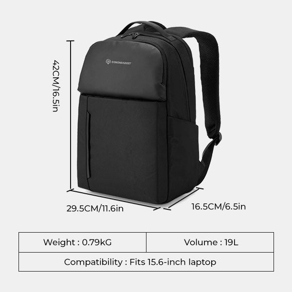 Black backpack with dimensions and specifications on a white background