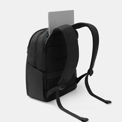Black backpack with a gray card on a white background