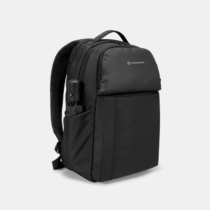 Black backpack with a visible brand logo on a light gray background