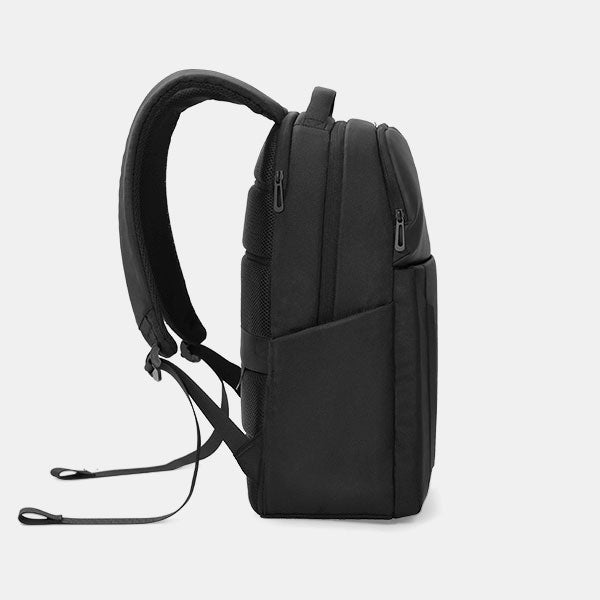 Black backpack on a light gray background
