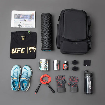 Cinomadist gym backpack flat lay with running shoes, foam roller and training gear