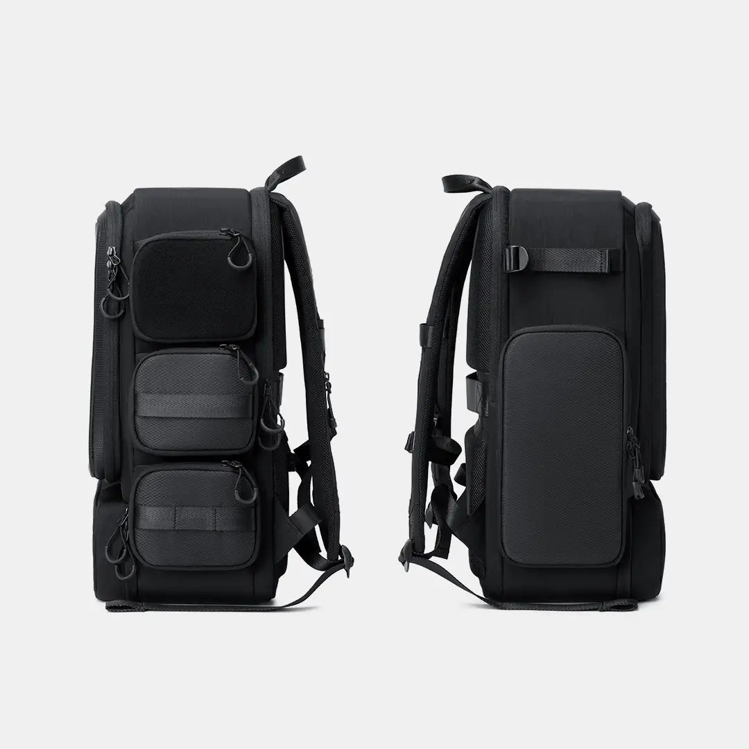 Cinomadist gym backpack both side profiles showing molle pockets and side compartment#color_black