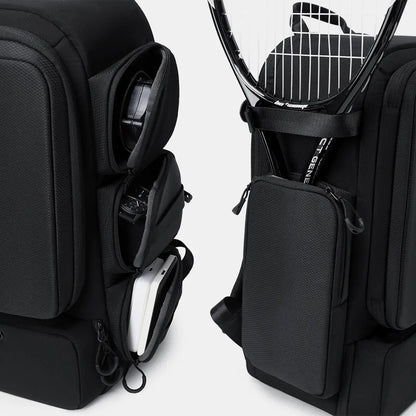 Gym backpack side pockets holding earbuds, watch and power bank with external racket holder