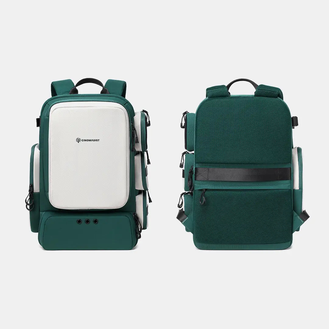 Green 29L training backpack front and back view with white panel and harness straps