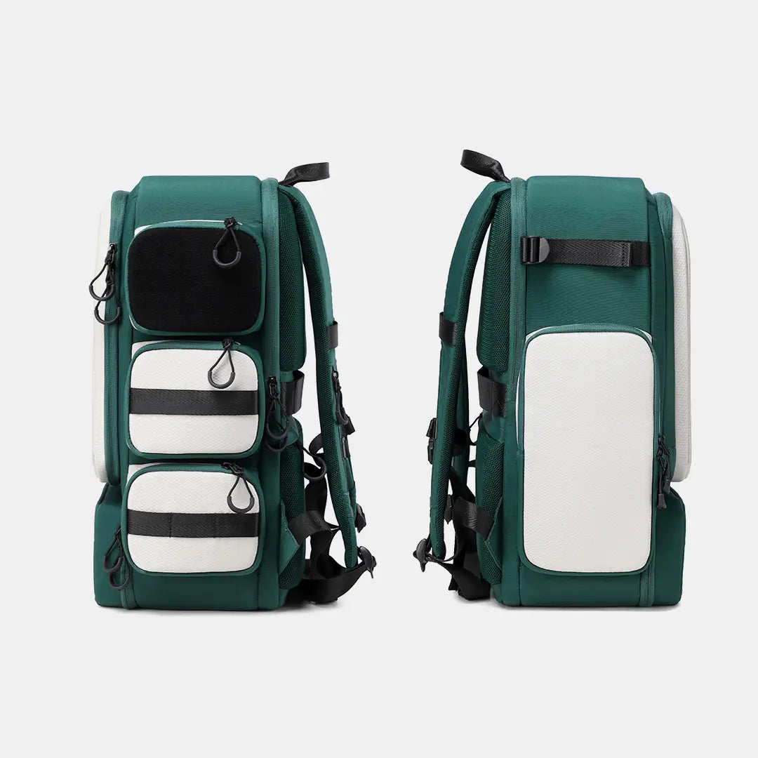 Green gym backpack both side profiles showing molle pockets and side compartments