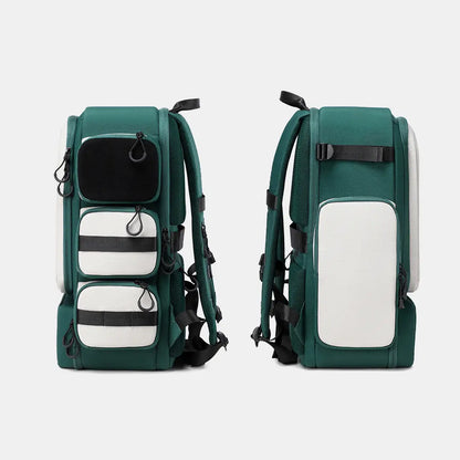 Green gym backpack both side profiles showing molle pockets and side compartments