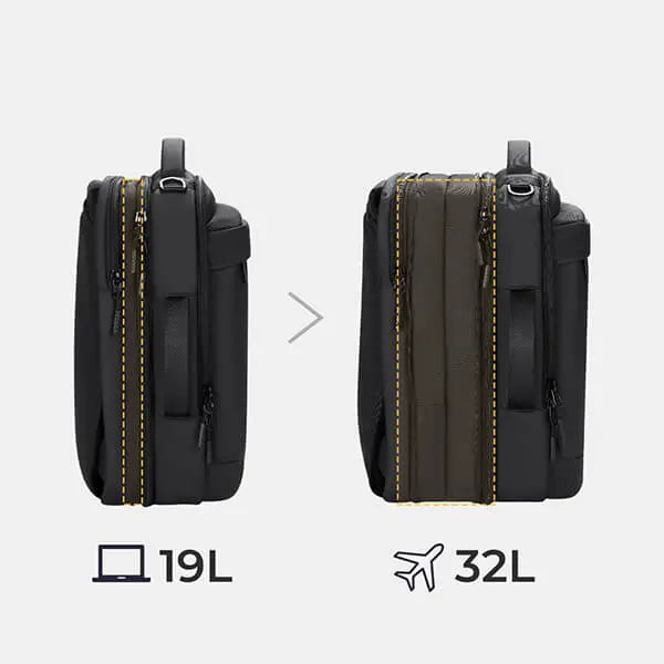 Visual showing the Cinomadist backpack expanding from 19L to 32L for increased storage flexibility.