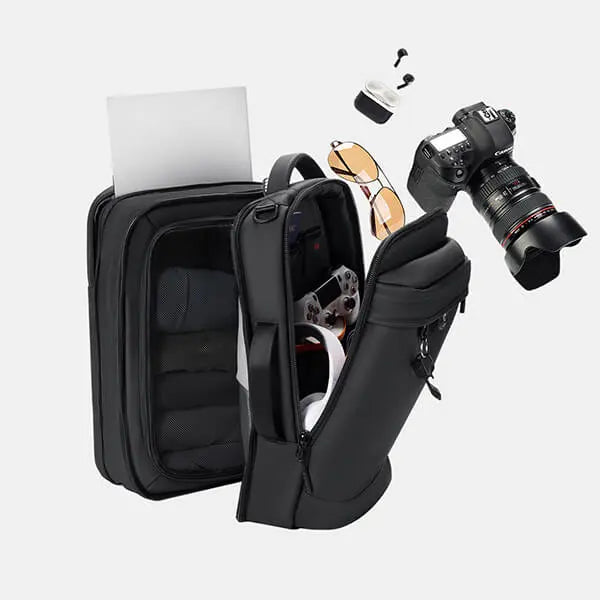 Fully packed Cinomadist backpack containing camera gear and laptop, ideal for creative professionals.