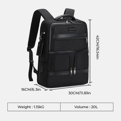 Black backpack with measurements and specifications on a white background