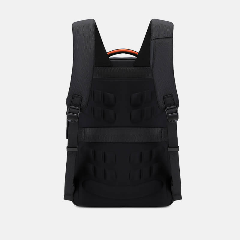 Black backpack with multiple straps on a white background