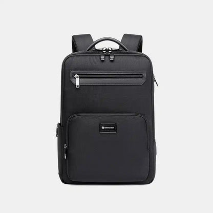 Black backpack with a visible brand logo on a light gray background