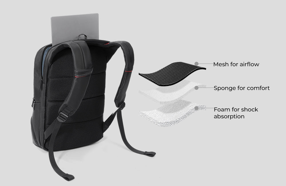 Black backpack with labeled comfort features on a white background