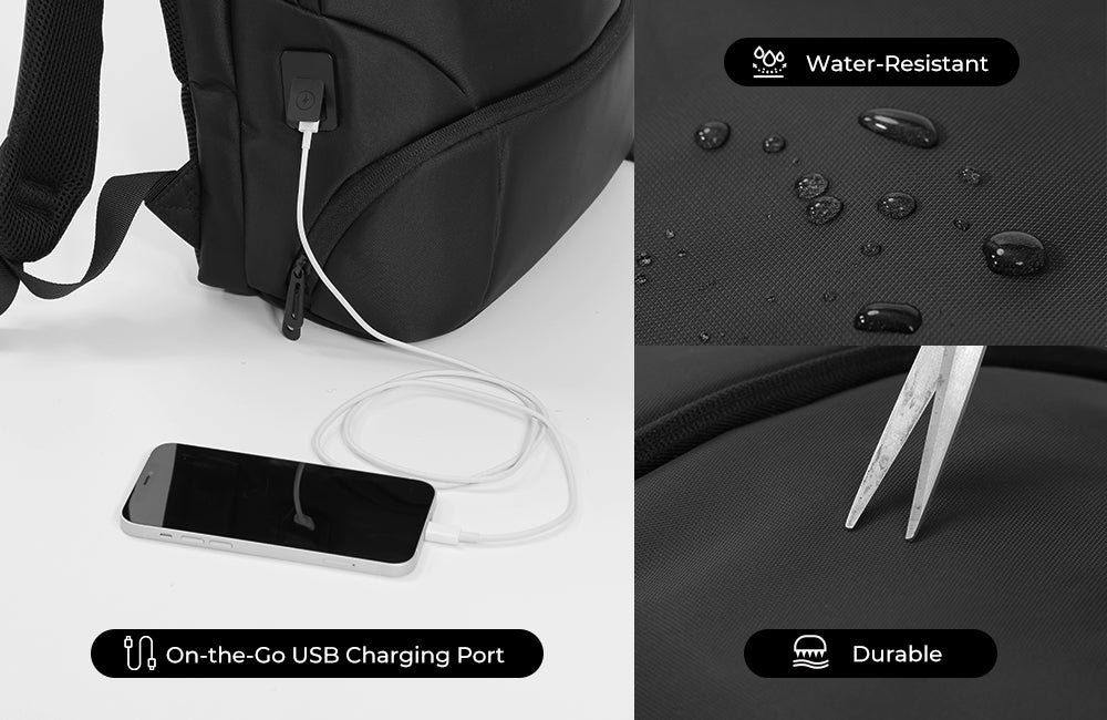 Black backpack with on-the-go USB charging port, water-resistant feature, and durable material highlighted.