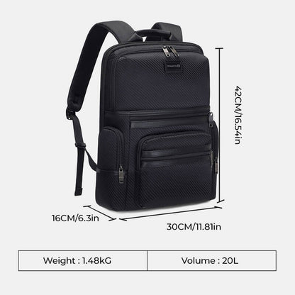 Black backpack with measurements and specifications on a white background